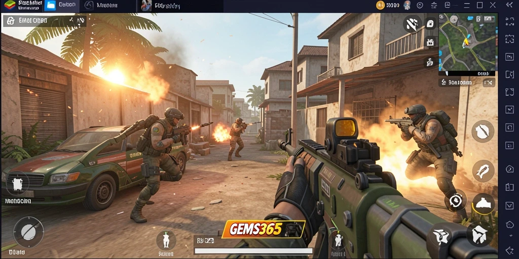 Screenshot GEMS365 menampilkan aksi seru dalam gameplay FPS.